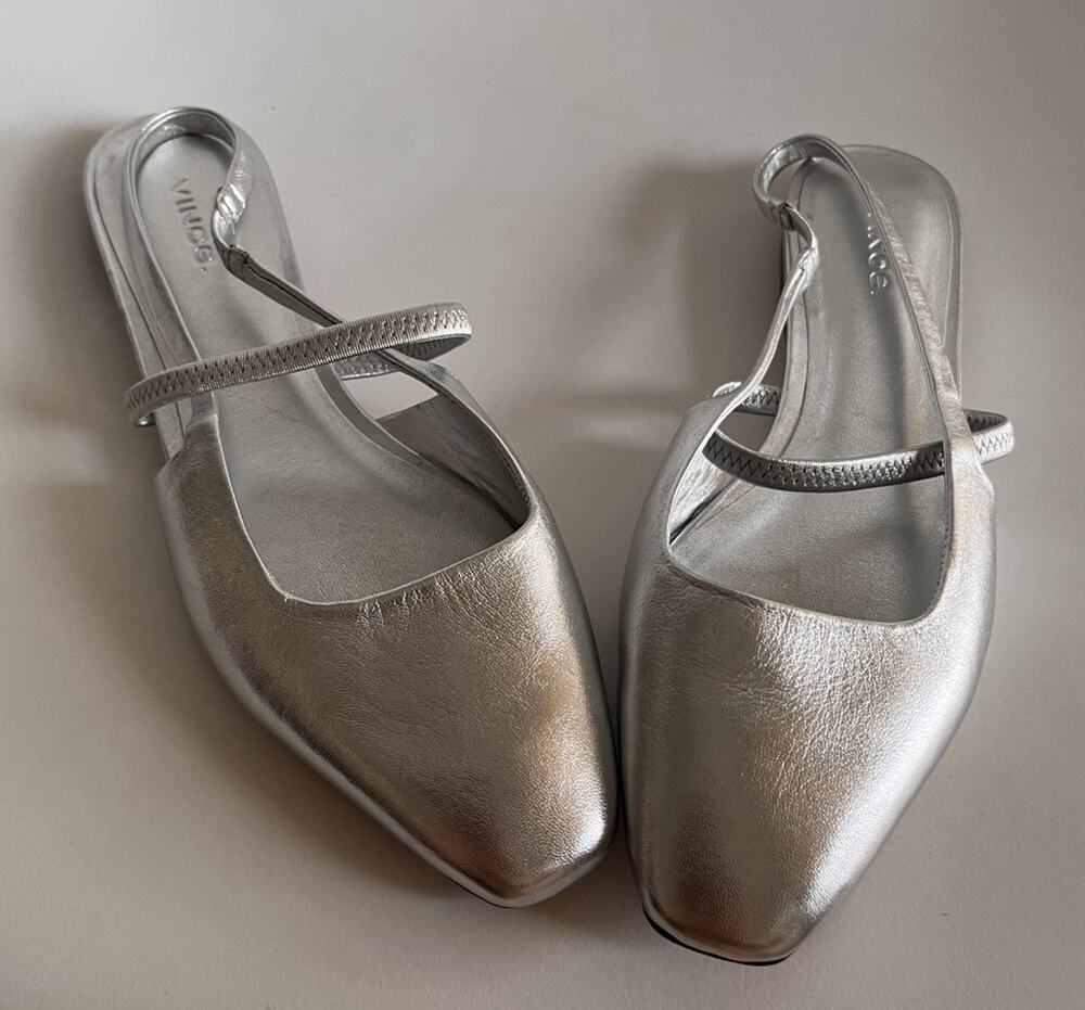 Vince Metallic Silver Leather Square Toe Mary Jane Slingback Flats 8.5 EU 39